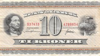 Denmark 10 Kroner 1974 P 44ae Series D - B Circulated Banknote Sd718