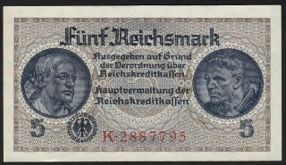 1940 - 1945 5 Reichsmark Germany Nazi Wwii Money Swastika 3rd Reich P R138a Unc