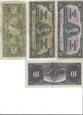 One Each Canadian 1937 Ten And Twenty Dollar Bill (1 X $10 And 1 X $20)