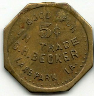Lake Park Ia Token - G.  H.  Becker - 5¢ Trade - Brunswick Balke Collender Co - Iowa