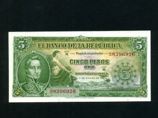 Colombia:p - 399,  5 Pesos Oro,  1953 Cordoba Unc