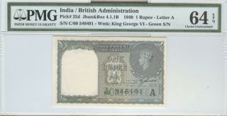 1940 Government Of India 1 Rupee Pick 25d,  Green S/n,  Pmg Choice Unc - 64 Epq