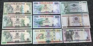 Set Of 9 Bank Of Uganda Notes With Transitional Security Designs In 1000 & 5000