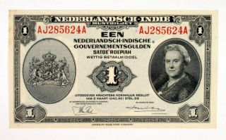 Netherlands - Indies 1 Gulden 1943 P - 111 Queen Wilhelmina Au - Unc Abnc