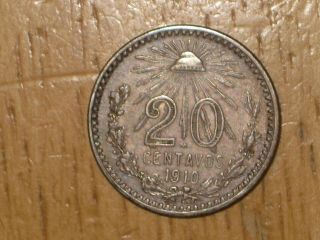Mexico 1910 Silver 20 Centavos Coin Very Fine