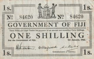 Fiji 1 Shilling Banknote 1.  1.  1942 P.  48a Fine