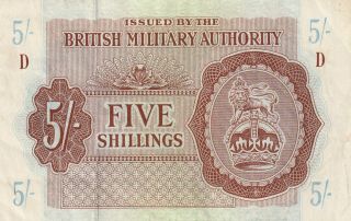 British Military Authority 5 Shillings Banknote Nd (1943) P.  M4 Almost Very Fine