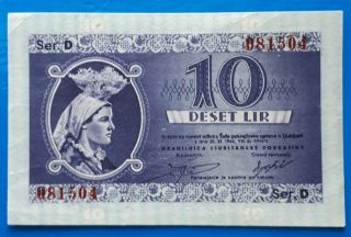 Yugoslavia,  Slovenia,  Province Of Ljubljana City Money,  10 Lir 1944,  Wwii,  Xf,