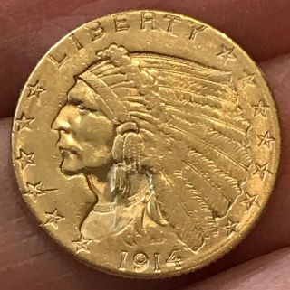 1914 D Indian Head $2.  50 Quarter Eagle Gold Coin