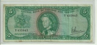 1964 Central Bank Of Trinidad And Tobago $5.  00 Circulated Looking Note