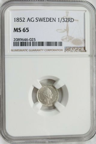 1852 Ag Sweden Silver 1/32 Riksdaler Ngc Ms 65 Top Grade