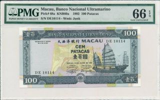 Banco Nacional Ultramarino Macau 100 Patacas 1992 S/no 1011x Pmg 66epq