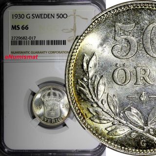Sweden Gustaf V Silver 1930 - G 50 Ore Ngc Ms66 Top Graded By Ngc Gem Bu Km 788