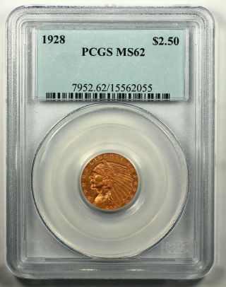 1928 Indian Head $2.  5 Gold Quarter Eagle U.  S.  Coin Ms62 Pcgs