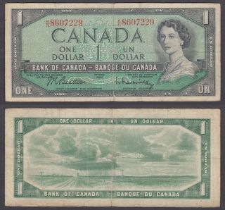 Canada 1 Dollar 1954 (f) Banknote (1961 - 72) P - 74b Qeii Paper Money