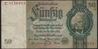 1933 50 Reichsmark Germany Vintage Nazi Old Paper Money Banknote Currency Vf