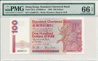 Chartered Bank Hong Kong $100 1993 Prefix Aa Fancy S/no 888xxx Pmg 66epq