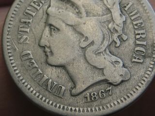 1867 Three 3 Cent Nickel - Vg/fine Details