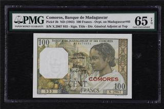 1963 Comoros Banque De Madagascar 100 Francs Pick 3b Pmg 65 Epq Gem Unc