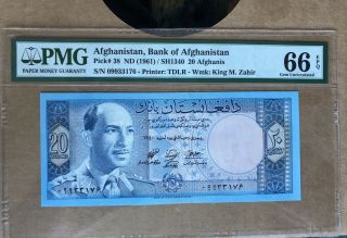Afghanistan | Bank Of Afghanistan | 20 Afghanis | 1961 | P - 38 | Pmg Gem - 66
