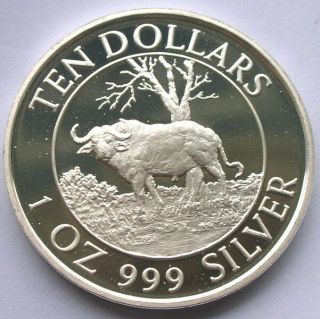 Zimbabwe 1996 Cape Buffalo 10 Dollars 1oz Silver Coin,  Proof