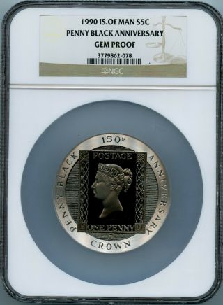 1990 Isle Of Man S5c Penny Black 150th Anniversary Gem Proof Ngc 5oz Silver Coin