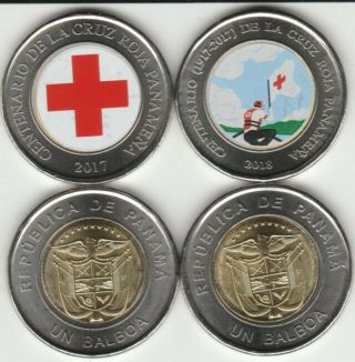 2019 Colored Panama Coin Set / One Balboa " Red Cross " 2017 - 18 (cruz Roja)
