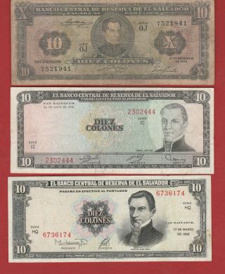 El Salvador 3 Notes 10 Colones 1966 - 1976 - 1988 Scarce Note Grade