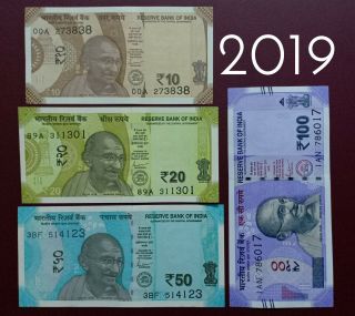India 2019 Issue Banknote Set Of 10,  20,  50 And 100 Rupees Unc Das Signature