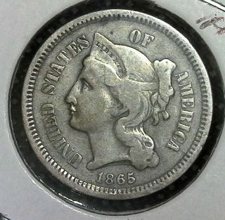 1865 3 Cent Nickel 3c Full Liberty Rare Old Us Coin
