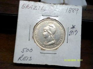 Brazil 500 Reis Silver Coin.  917 1889 Kim494