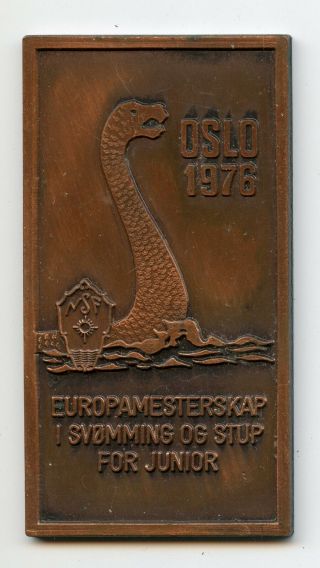 Norwegian Swimming Federation Bronze Plaque Medal Sport Oslo - 1976 Dinosaur