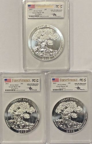 Pcgs 2013 25c Silver 5oz Great Basin Np Ms69 John Mercanti 3 Coins