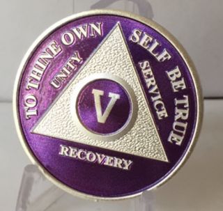 Purple & Silver Plated 5 Year Aa Chip Alcoholics Anonymous Medallion Coin Five