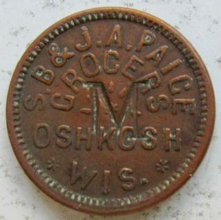 Oshkosh Wisconsin S.  B.  & J.  A.  Paige Grocers Civil War Store Card Counterstamped
