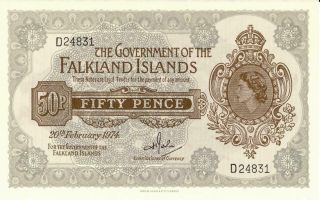 Falkland Islands 50 Pence Currency Banknote 1974 Cu