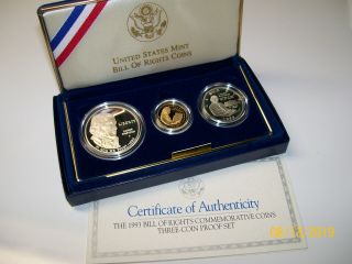 1993 U.  S.  Bill Of Rights 3 Coin Proof Set,  Gold $5,  Silver $1 & Half