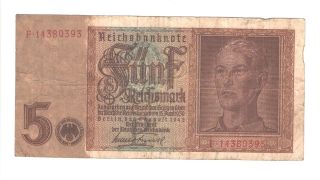 1939 Nazi Germany 5 Reichsmark Banknote Swastika