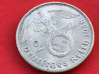 2 Reichsmark 1938 J With Nazi Coin Swastika Silver Brilliant