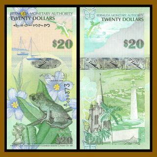 Bermuda 20 Dollars,  2009 P - 60b Prefix A (4 Digit Serial) Lighthouse Frog Unc