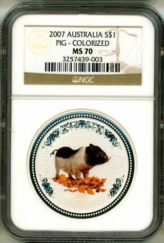 2007 S$1 Australia Lunar Year Of The Pig Colorized 1 Oz.  Silver.  999 Ngc Ms70