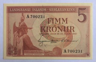 Iceland - 5 Kronur - 1957 - Pick 37a - Buff Paper/first Printing - S/n A 700231,  Unc.