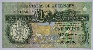Guernsey - 1 Pound - Nd (1980 - 89) - Fancy Low S/n 000960 - Sign.  M.  J.  Brown - P.  48b,  Unc