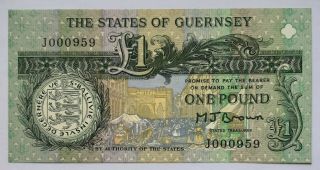 Guernsey - 1 Pound - Nd (1980 - 89) - Fancy Low S/n 000959 - Sign.  M.  J.  Brown - P.  48b,  Unc