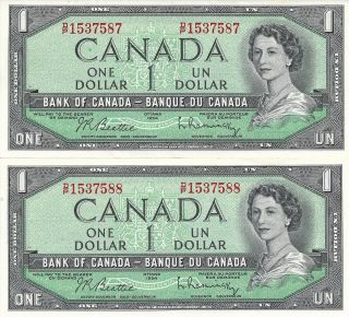 Two Sequenced 1954 Canada $1 Notes - Crisp,  Uncirculated
