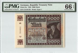 Germany,  Reichsbanknote 1922 P - 81c Pmg Gem Unc 66 Epq 5000 Mark