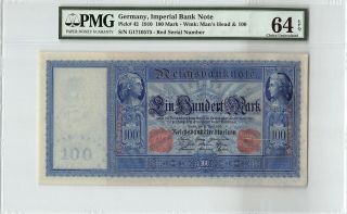 Germany,  Reichsbanknote 1910 P - 42 Pmg Choice Unc 64 Epq 100 Mark (red S/n)