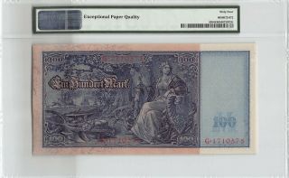 Germany,  Reichsbanknote 1910 P - 42 PMG Choice UNC 64 EPQ 100 Mark (Red S/N) 2