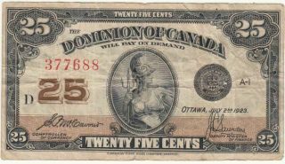 Dominion Of Canada 25 Cents Banknote,  1923,  377688