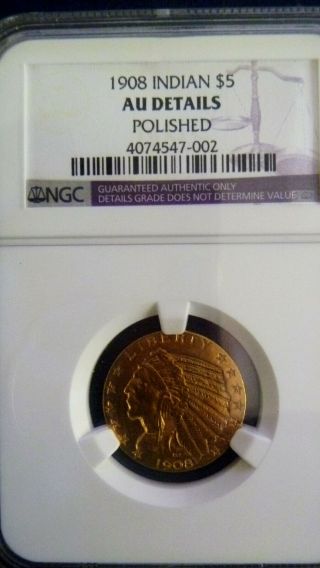 1908 $5.  00 Usa Indian Gold Coin